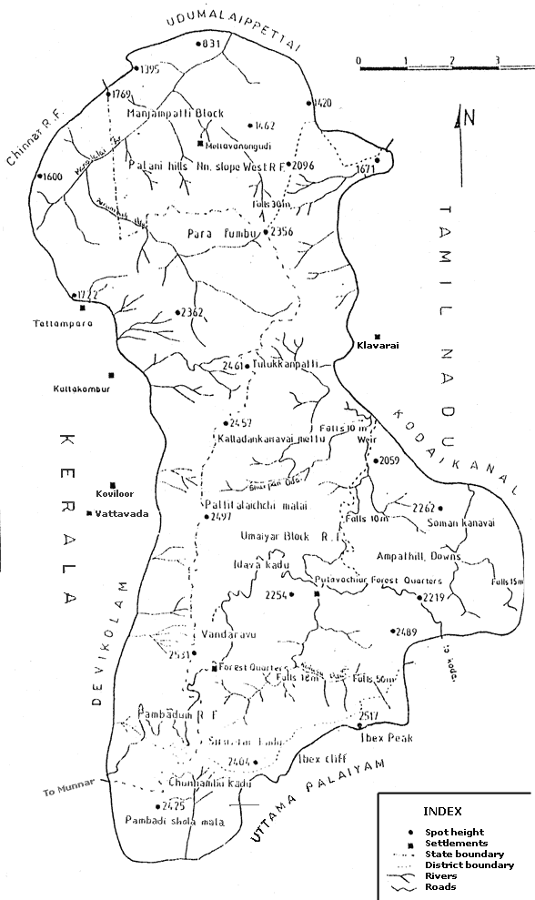 Map of habitat of kurinji (Strobilanthes kunthiana)